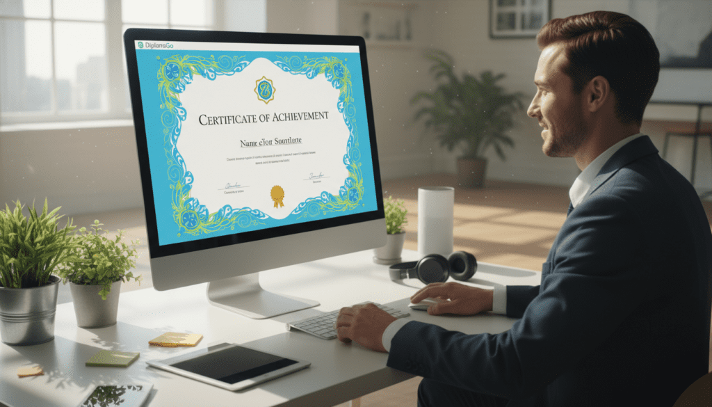 A modern, sleek online certificate generator interface named "DiplomaGo" displayed on a computer screen, showcasing an artfully designed certificate with vibrant colors and intricate borders. In the foreground, a confident professional in business attire is seated at a desk, engaging with the software, exuding a sense of innovation and efficiency. The middle ground features a bright, airy workspace adorned with plants and tech gadgets, emphasizing a digital atmosphere. In the background, soft natural light streams through a window, casting gentle shadows and creating an inviting ambiance. The overall mood is one of professionalism and creativity, ideal for online certificate creation, with no text or logos visible other than the interface itself.