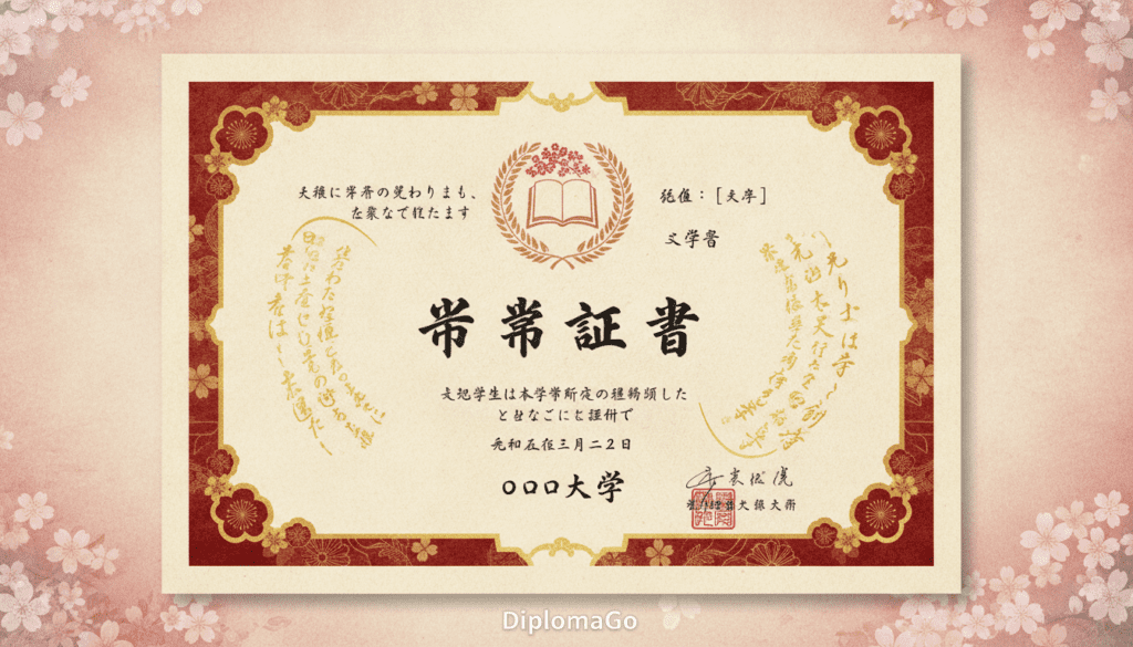 A traditional Japanese university diploma template designed by DiplomaGo, featuring elegantly ornate borders and a refined layout typical of Japanese certificates. The foreground showcases intricate calligraphy in gold, with a central emblem representing academic achievement. The middle layer displays the diploma's title and recipient's details in a balanced arrangement, utilizing classic kanji and a sophisticated font. The background is a soft, textured parchment, enhancing the document's authenticity, with subtle gradients of cream and ivory. Soft, diffused lighting creates a warm and inviting atmosphere, highlighting the craftsmanship and intricate details of the design. The overall mood is one of reverence and accomplishment, perfect for showcasing the core design elements of Japanese diploma templates.