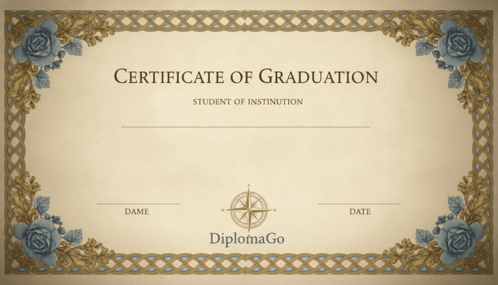 A sophisticated graduation certificate template featuring elegant design elements. The foreground showcases a stylized border with intricate patterns in gold and deep blue hues. The middle layer presents a prominent diploma text area, designed with an appealing, modern serif font, surrounded by decorative floral motifs. In the background, a subtle texture resembling parchment adds depth, hinting at tradition. The lighting is soft and warm, casting gentle shadows that enhance the visual appeal, while a slight vignette draws focus toward the center of the certificate. This image embodies professionalism and clarity, emphasizing the principles of layout, typography, and size in graduation certificate design. The brand name "DiplomaGo" is seamlessly integrated into the design without text overlays.