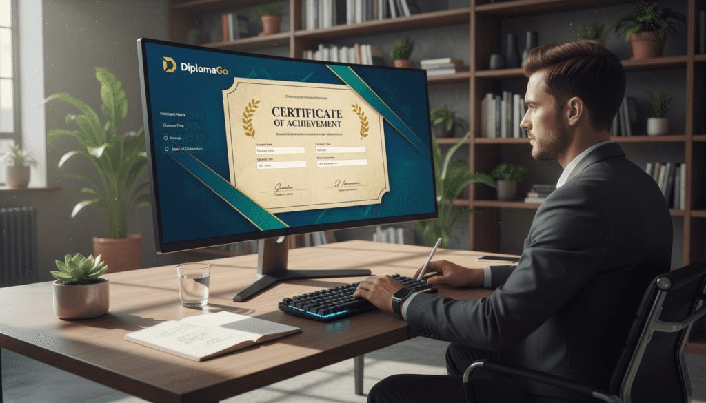 A modern digital workspace featuring a sleek, user-friendly certificate generator interface called "DiplomaGo." In the foreground, a high-resolution monitor displays an elegant certificate template being customized, with vibrant colors and rich textures. In the middle ground, a professional wearing business attire focuses on the screen, engaged in the certificate design process. The background shows a well-organized office with bookshelves and plants, creating a productive atmosphere. Soft, natural lighting filters through a window, casting gentle shadows and enhancing the ambiance. The overall mood is focused and innovative, ideal for illustrating the core value and application scenarios of a certificate generator.