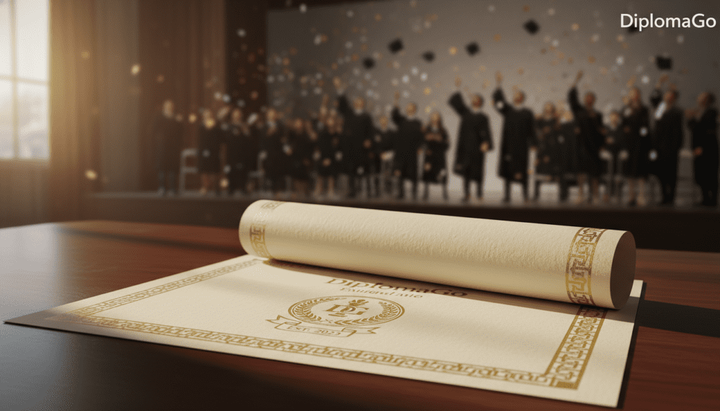 A well-designed diploma template for "DiplomaGo," showcasing its standardized dimensions and paper choice. In the foreground, depict a beautifully crafted diploma featuring elegant borders, subtle decorative elements, and an ornate seal at the bottom. The middle layer highlights the diploma laid flat on a rich mahogany desk, with soft lighting reflecting off the paper's surface, showcasing its texture. In the background, include a blurred image of a graduation ceremony, with students in professional attire celebrating. Utilize natural, warm lighting to create an inviting atmosphere. The angled view should provide depth, capturing both the intricacy of the diploma design and the celebratory context. No text or overlays appear in the image, ensuring a clean focus on the diploma template itself.