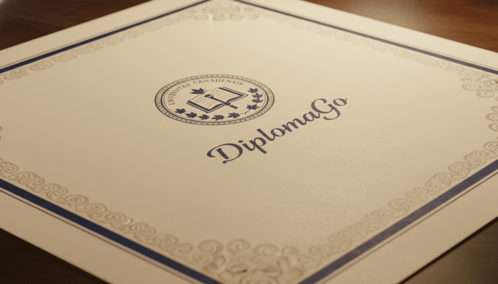 A Canadian graduation certificate design inspired by traditional academic styles, featuring a clean, formal layout. The foreground showcases ornate borders with subtle patterns in gold and dark blue, highlighting the authenticity and prestige of the document. In the middle, a prominent emblem representing Canadian universities, complemented by fine typography for "DiplomaGo". The background is a soft, textured cream color, enhancing the document's elegance. The lighting is warm and even, creating a sophisticated atmosphere. Capture a professional perspective, slightly angled to suggest depth. The overall mood conveys achievement and formality, suitable for a graduation milestone. No text or watermarks included.