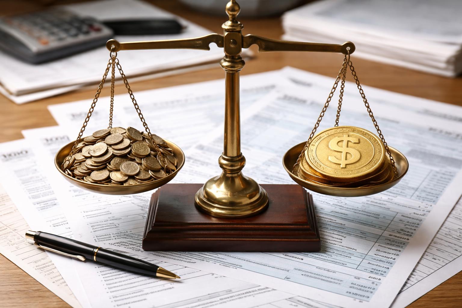 A scale balancing many small coins on one pan and a single large coin on the other, with tax forms underneath.