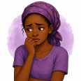 Illustration of Amina, a woman in a purple headscarf and top with her hand near her mouth, looking worried.