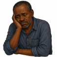 Illustration of Moses, an older man resting his cheek on his hand, looking tired and discouraged.