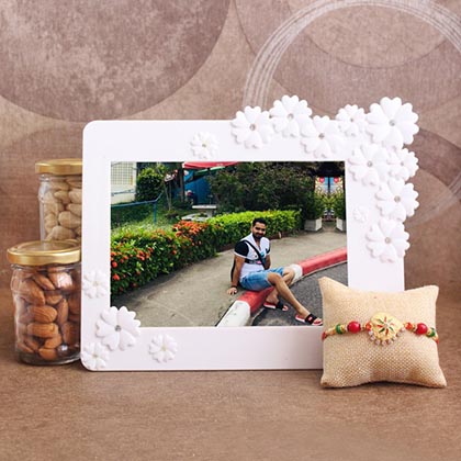 Kundan Rakhi with photo frame and dry fruits