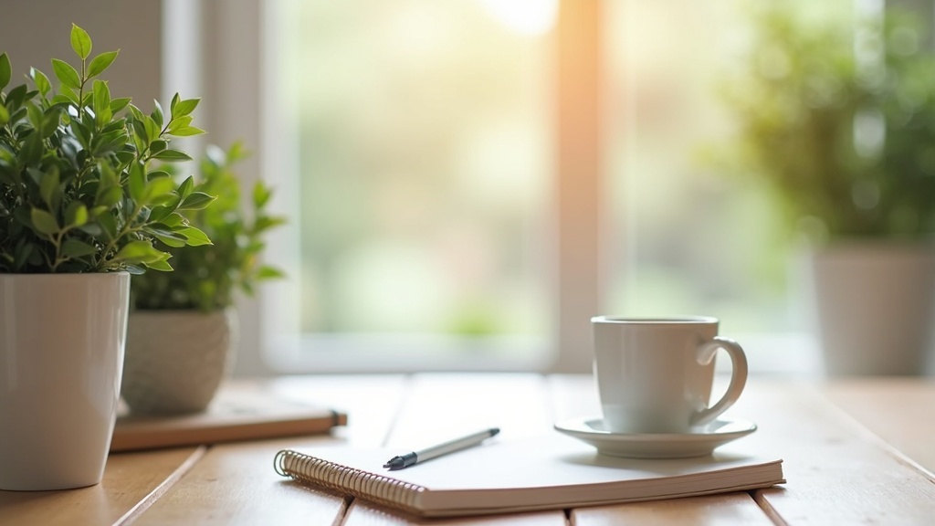A cozy desk setup with a plant, coffee cup, and notebook, symbolizing niche brainstorming for moms
