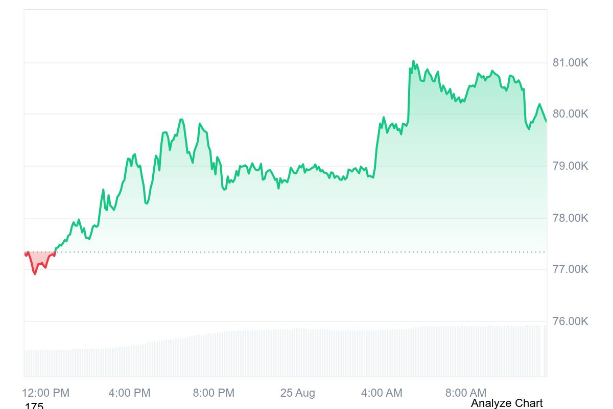 Bitcoin BTC price chart showing rally toward $80,000 in August 2026