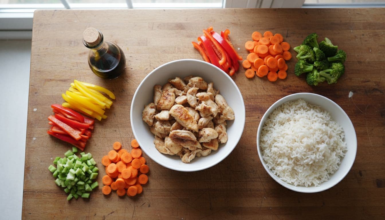 Fresh cooked chicken, rice, chopped bell peppers, carrots, broccoli, and soy sauce arranged on a wooden kitchen counter, top-down view in realistic food photography style with natural light.