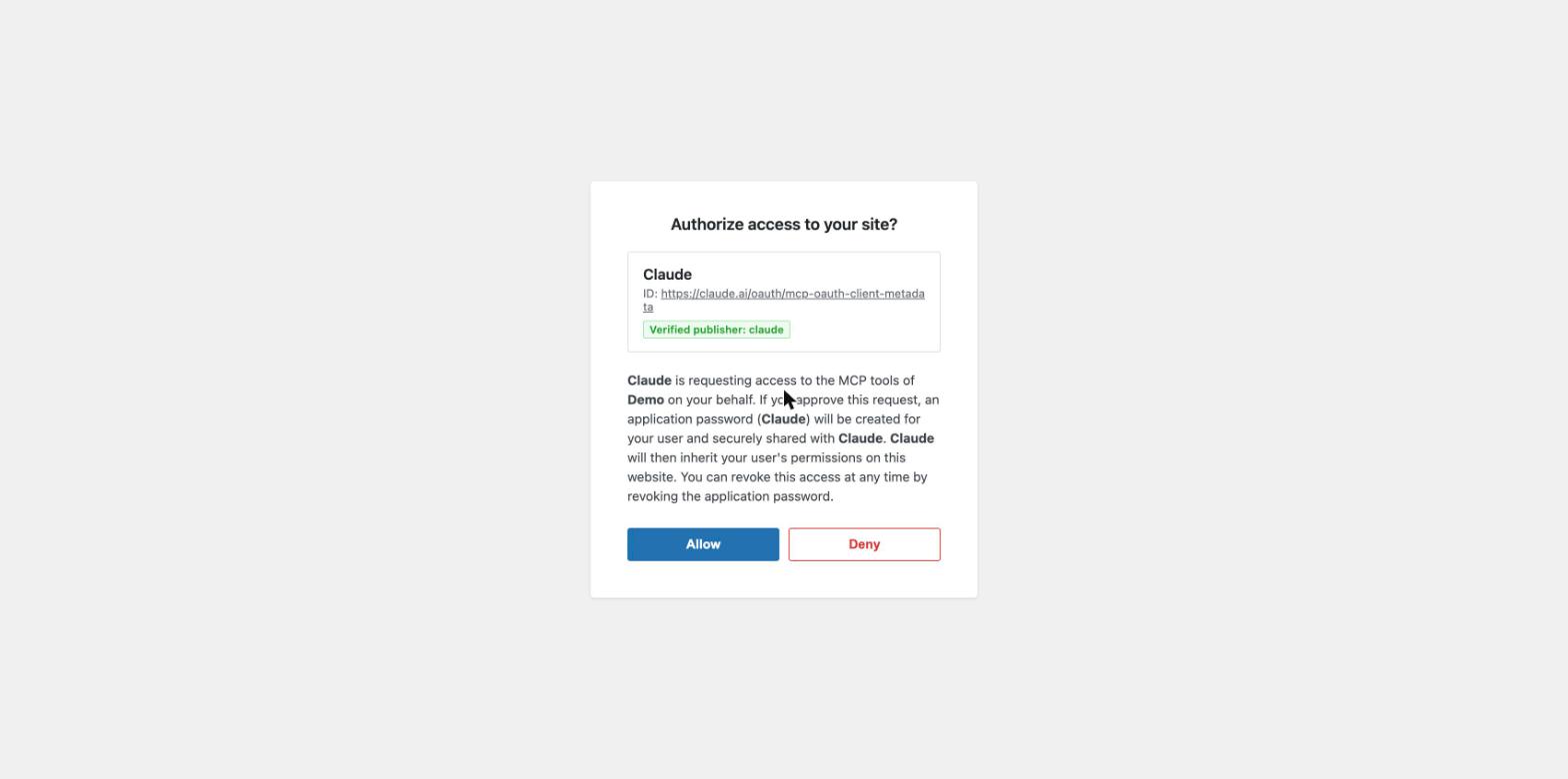 The WordPress authorization screen showing Claude as a verified publisher, with Allow and Deny buttons