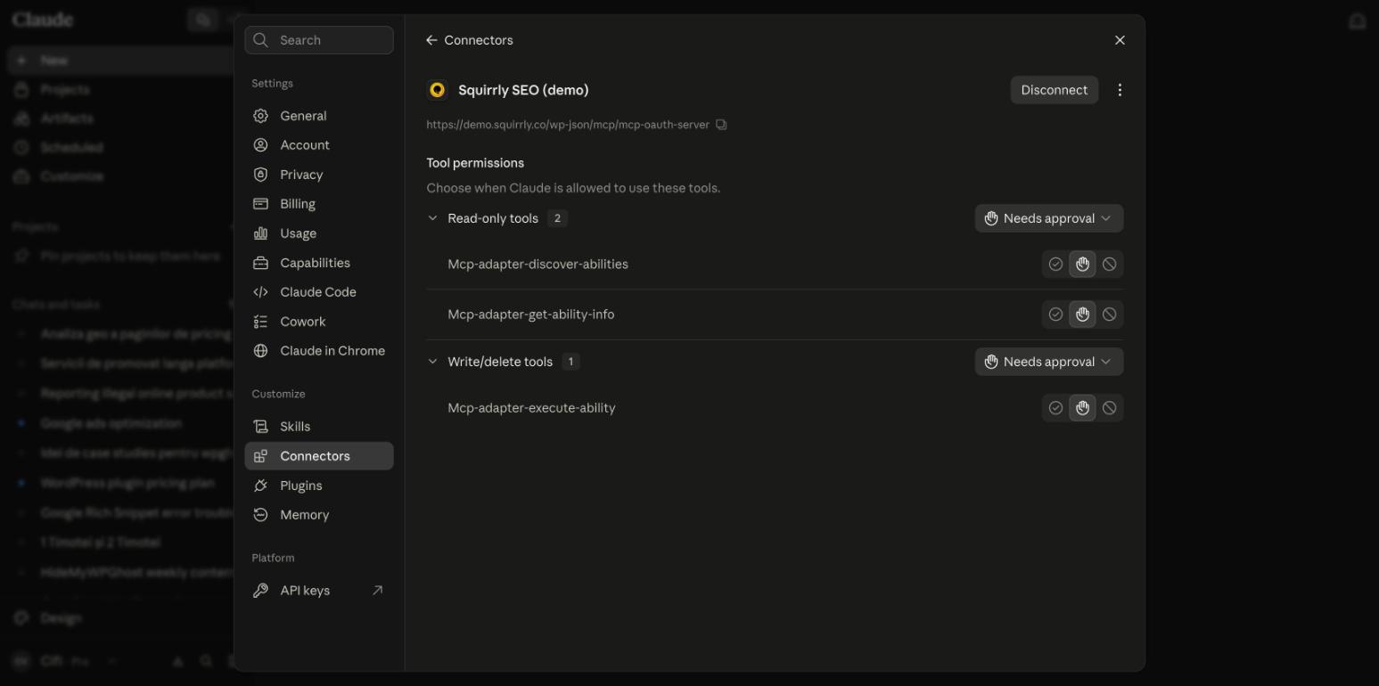 The connected connector on claude.ai listing three tools with their permission settings