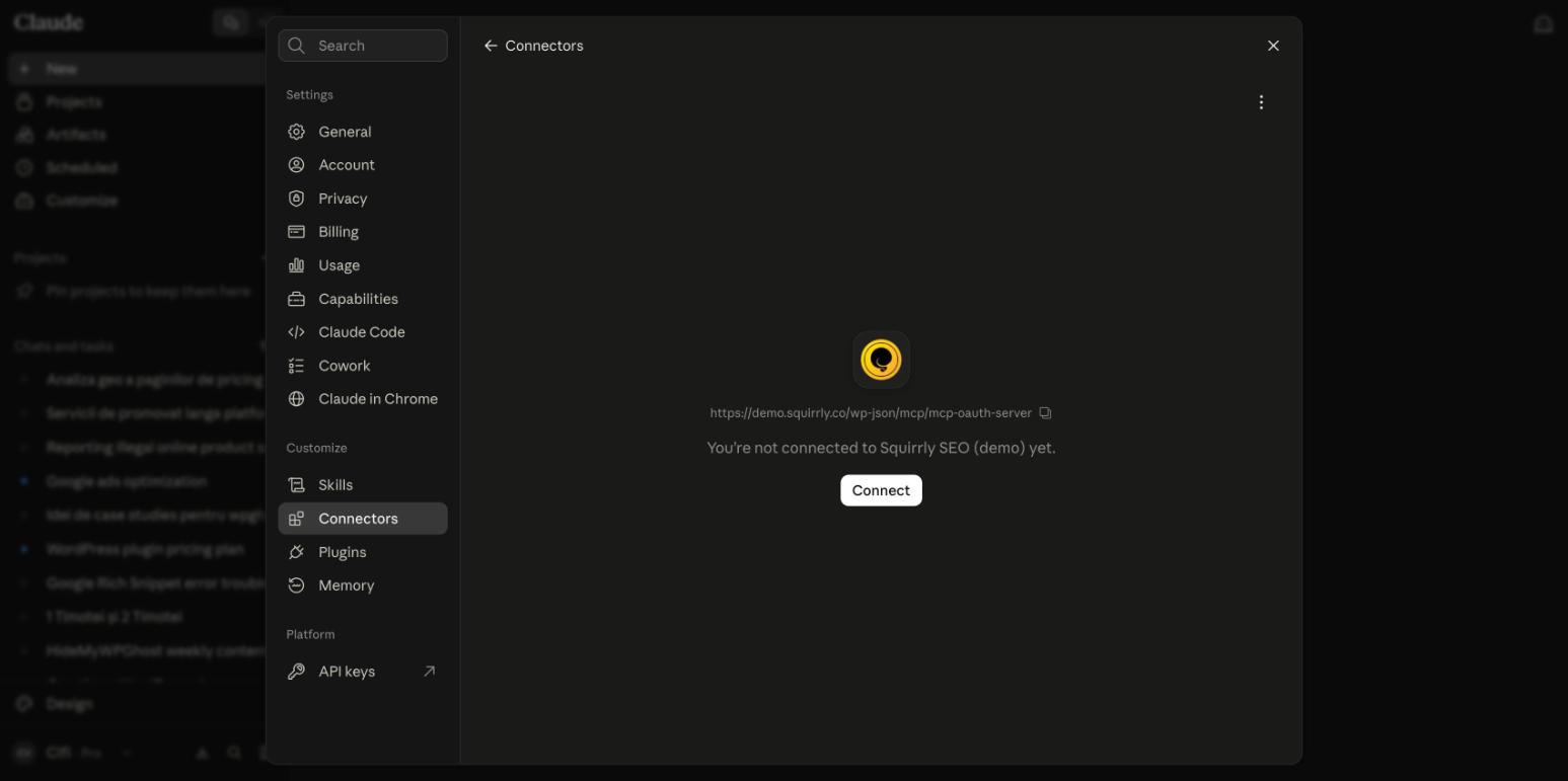 The new connector on claude.ai showing that it is not connected yet, with a Connect button