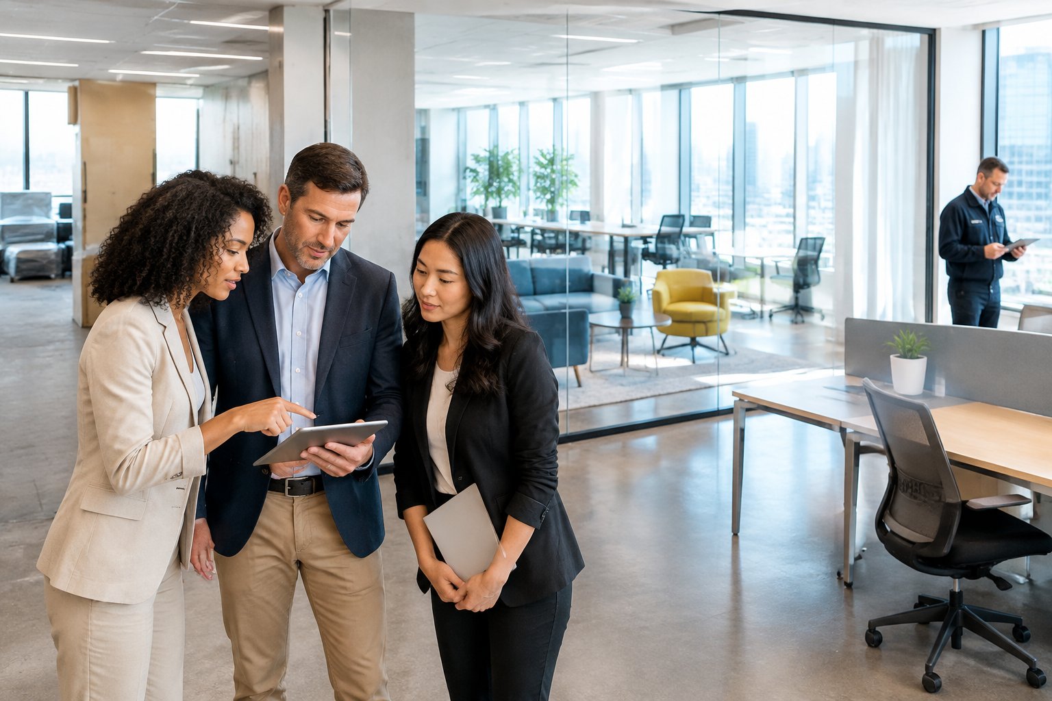 Business professionals review a floor plan in a flexible, modern office.