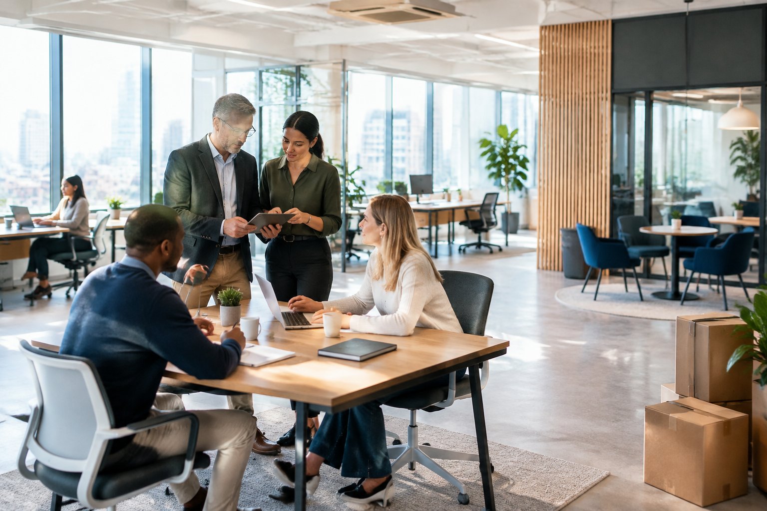A team works together in a compact office while a manager reviews a floor plan.