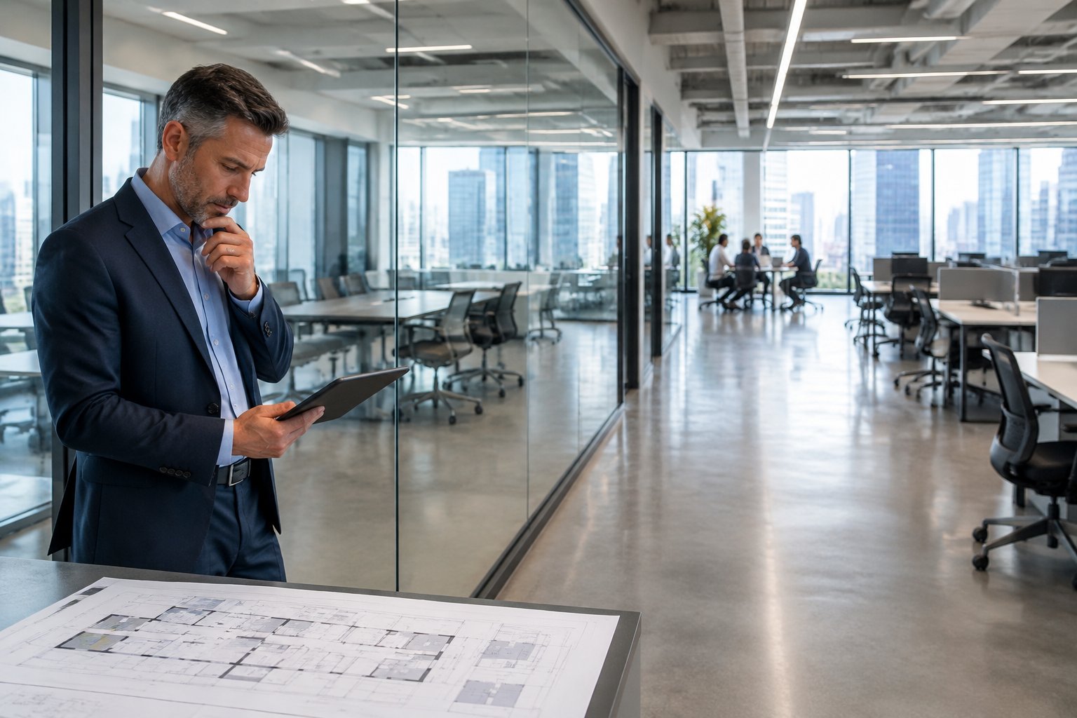 A facilities executive reviews a floor plan in a largely empty modern office.