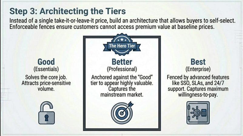 Good-Better-Best tier architecture example: Essentials, Professional, and Enterprise with enforceable fences.
