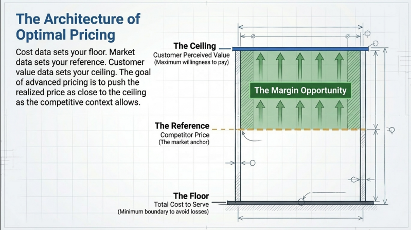 High level value-based pricing framework: we ideally should capture the margin opportunity between our comp reference prices and research-based customer willingness to pay (WTP