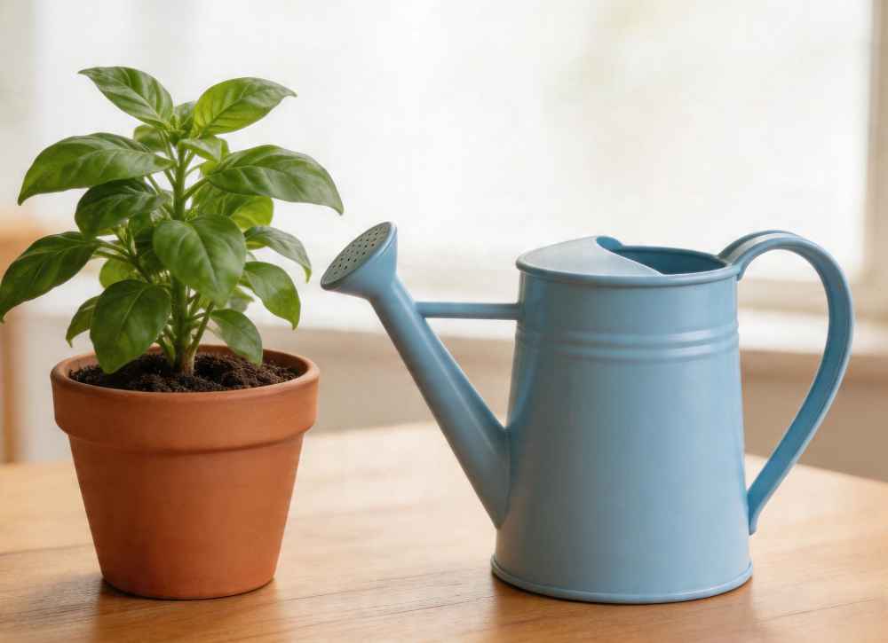 watering can and plant on the table