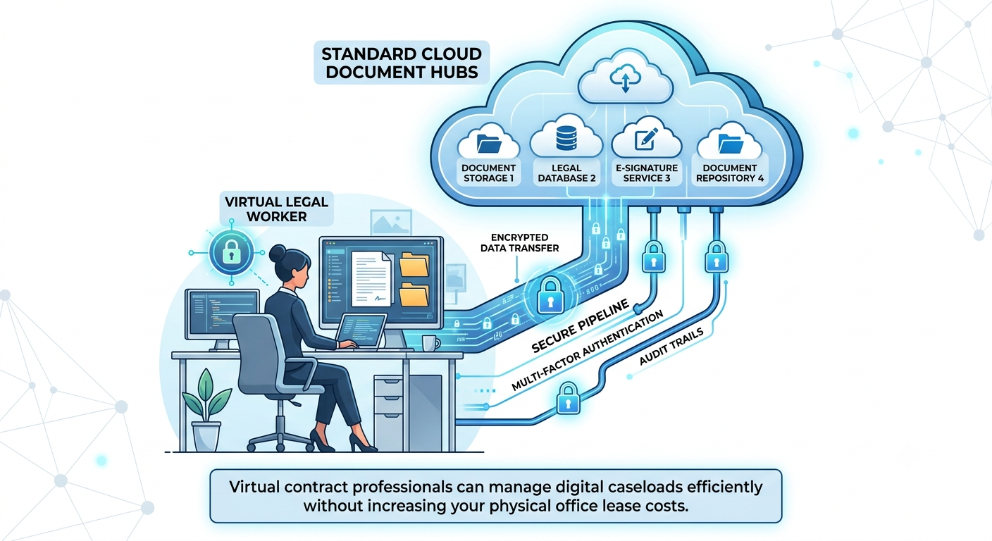 Digital diagram detailing the secure integrations used when you hire a virtual paralegal.