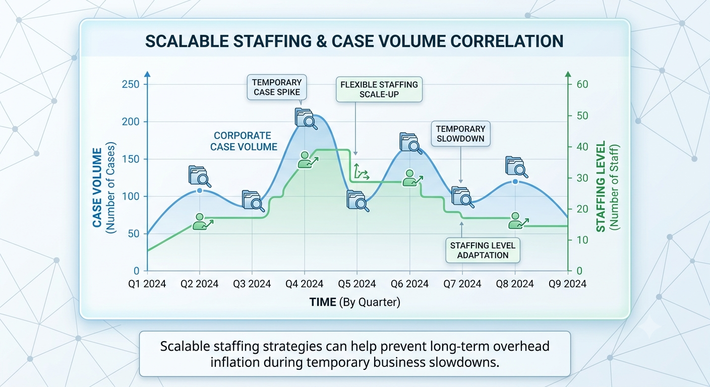 Line graph detailing workforce scaling alongside corporate litigation volume changes.