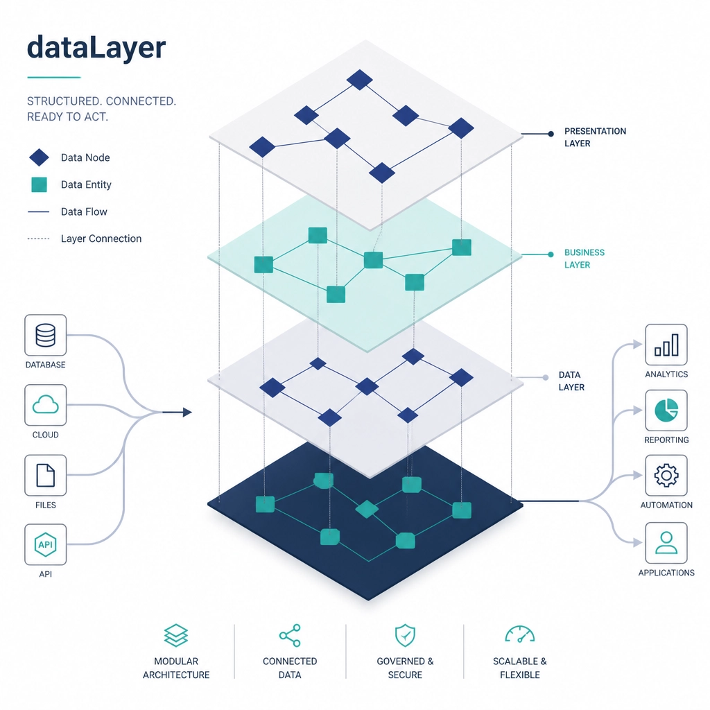 Abstract geometric representation of a structured dataLayer with navy and teal planes