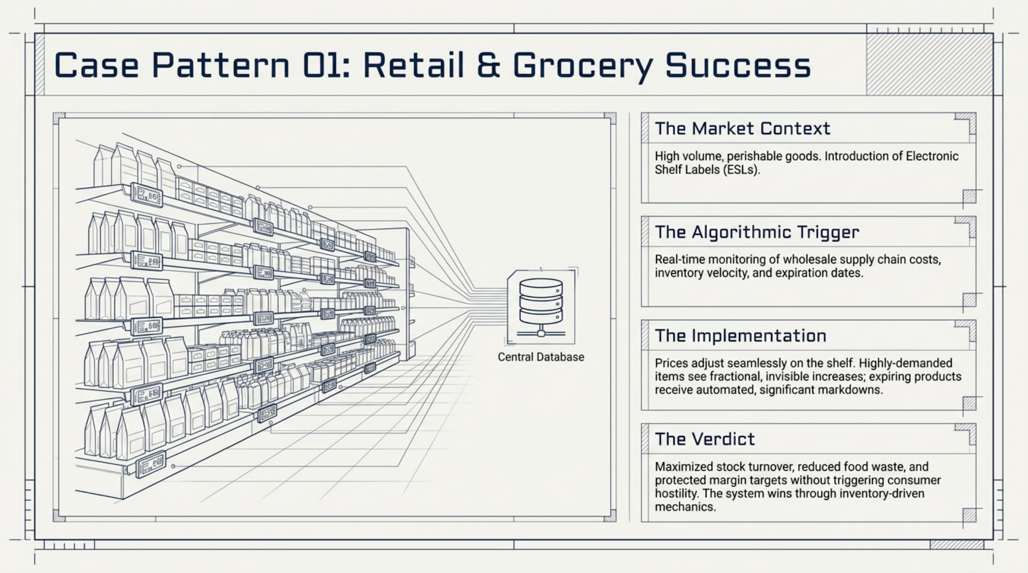 Retail and grocery dynamic pricing pattern — electronic shelf labels feeding a central database, with invisible price flex on perishables and inventory-velocity goods driving margin without consumer hostility