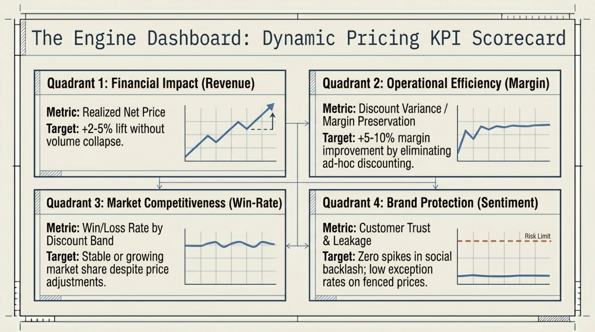 Dynamic pricing KPI scorecard with four quadrants — financial impact targeting +2 to +5% realized net price lift, operational efficiency targeting +5 to +10% margin preservation, market competitiveness tracking win-rate by discount band, and brand protection monitoring customer trust and leakage
