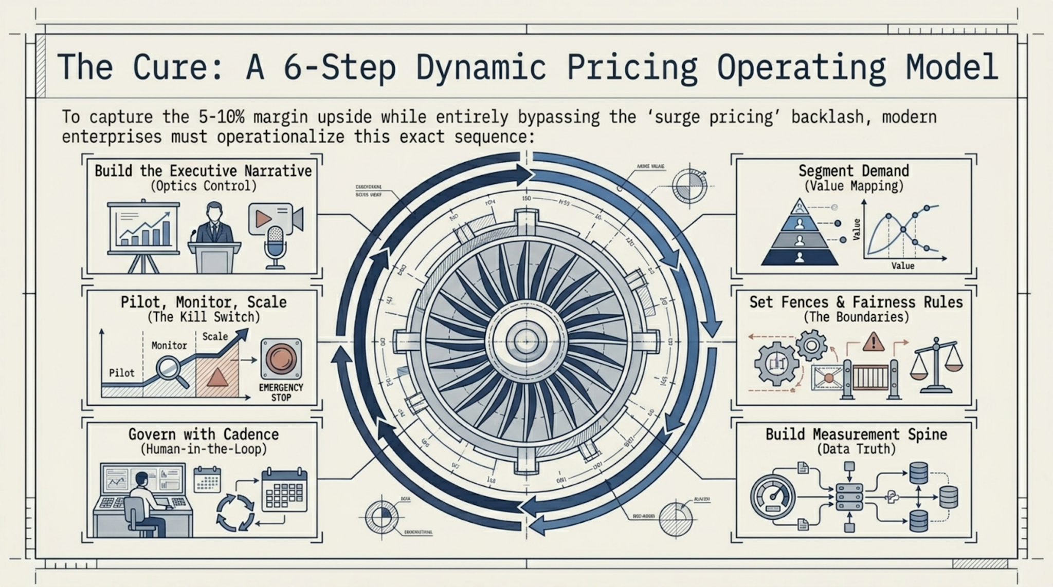 Six-step dynamic pricing operating model — segment demand, set fences and fairness rules, build the measurement spine, govern with cadence, pilot and monitor with a kill switch, build the executive narrative