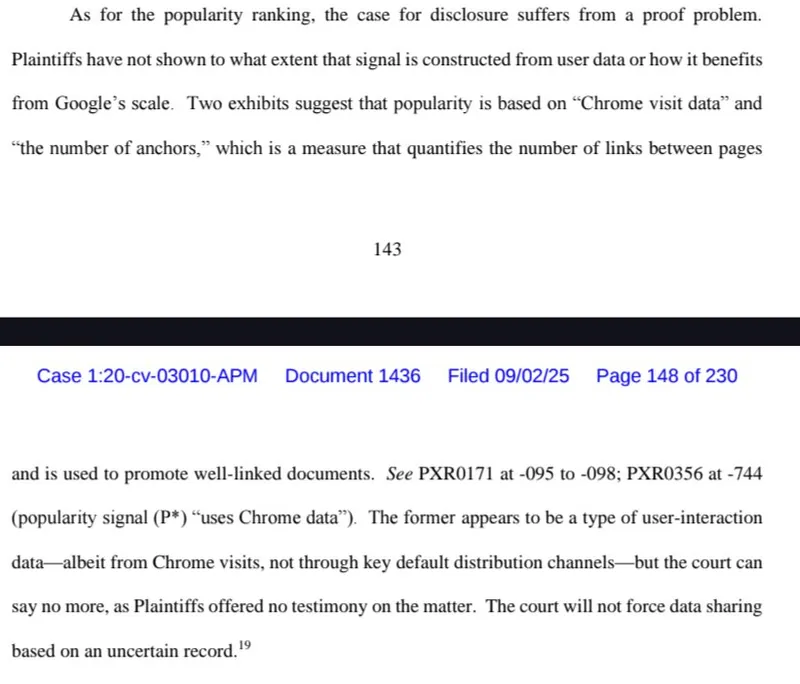 info on chrome's use in ranking from the DOJ vs Google trial