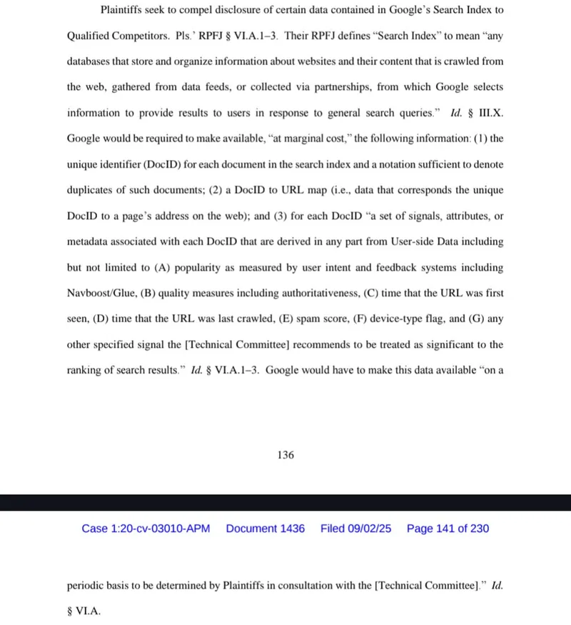 info on Google's index from the DOJ vs Google trial