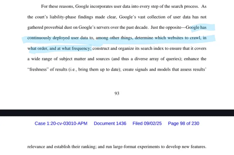 Info on crawl frequency from the DOJ vs Google trial