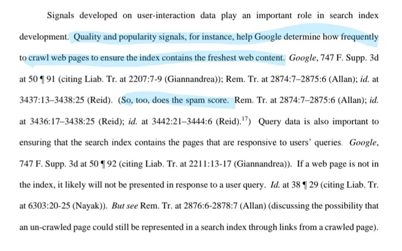 Information about spam score from the DOJ vs Google trial