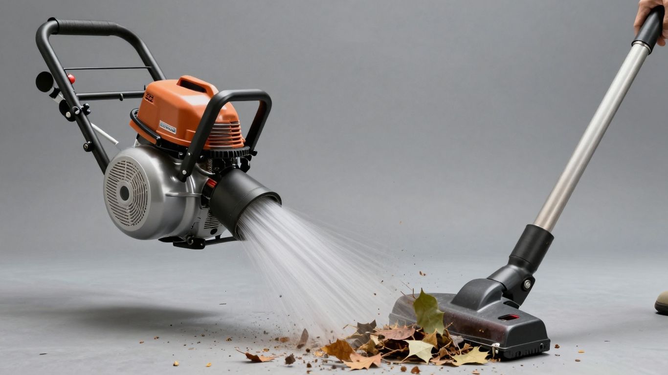 Leaf blower transitioning from blowing to vacuuming mode.