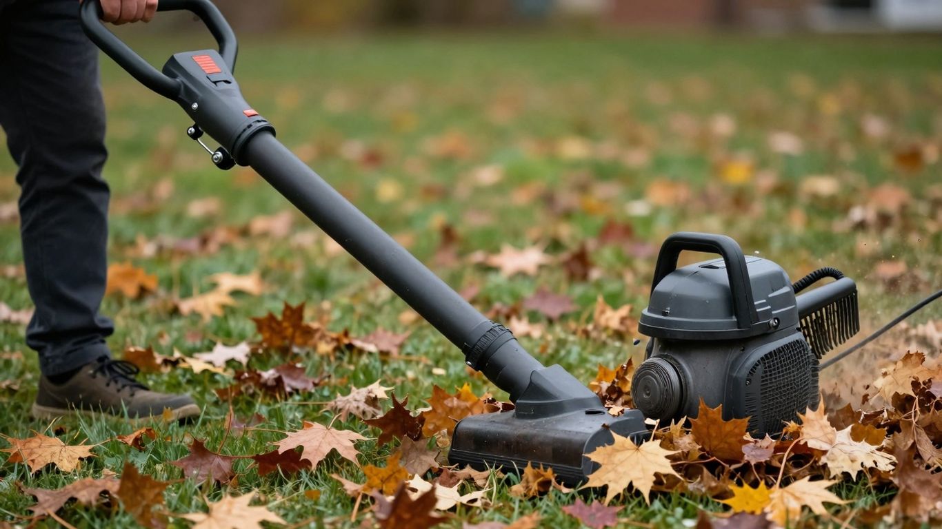 Leaf blower vacuum in use on autumn leaves.