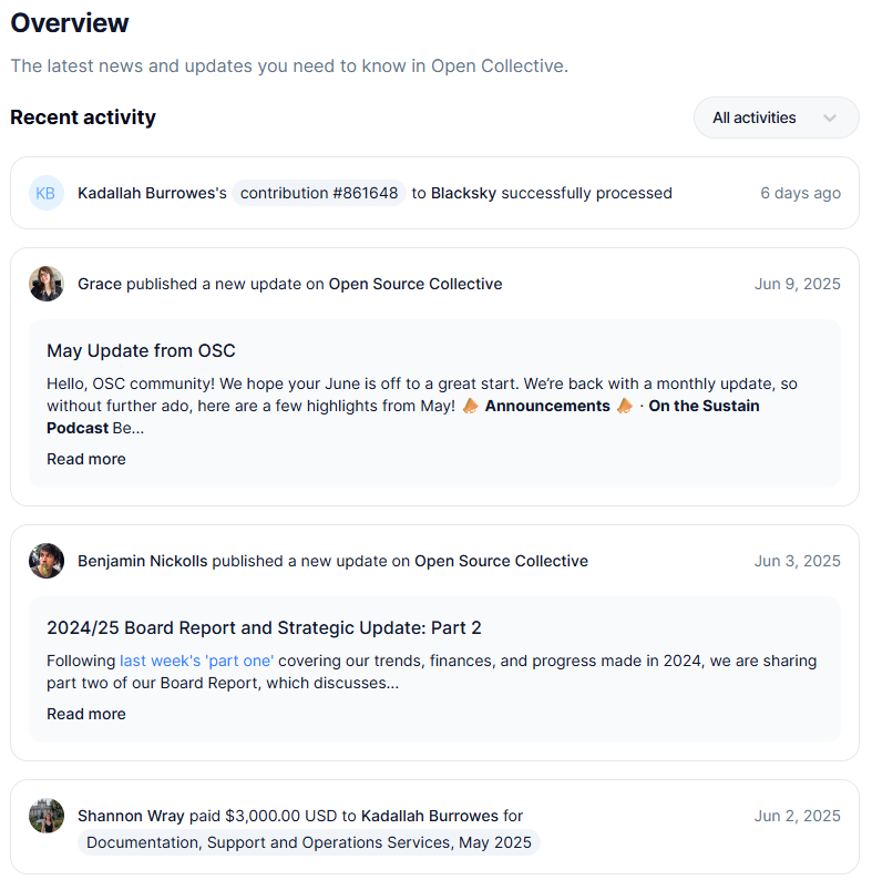 A screenshot showing the Recent Activity view inside of a user's personal Dashboard.