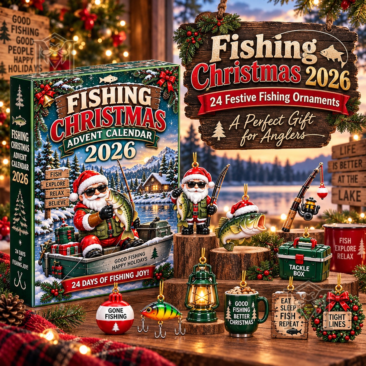 Fishing Christmas 2026 Advent Calendar - front box with Santa anglers and ornaments