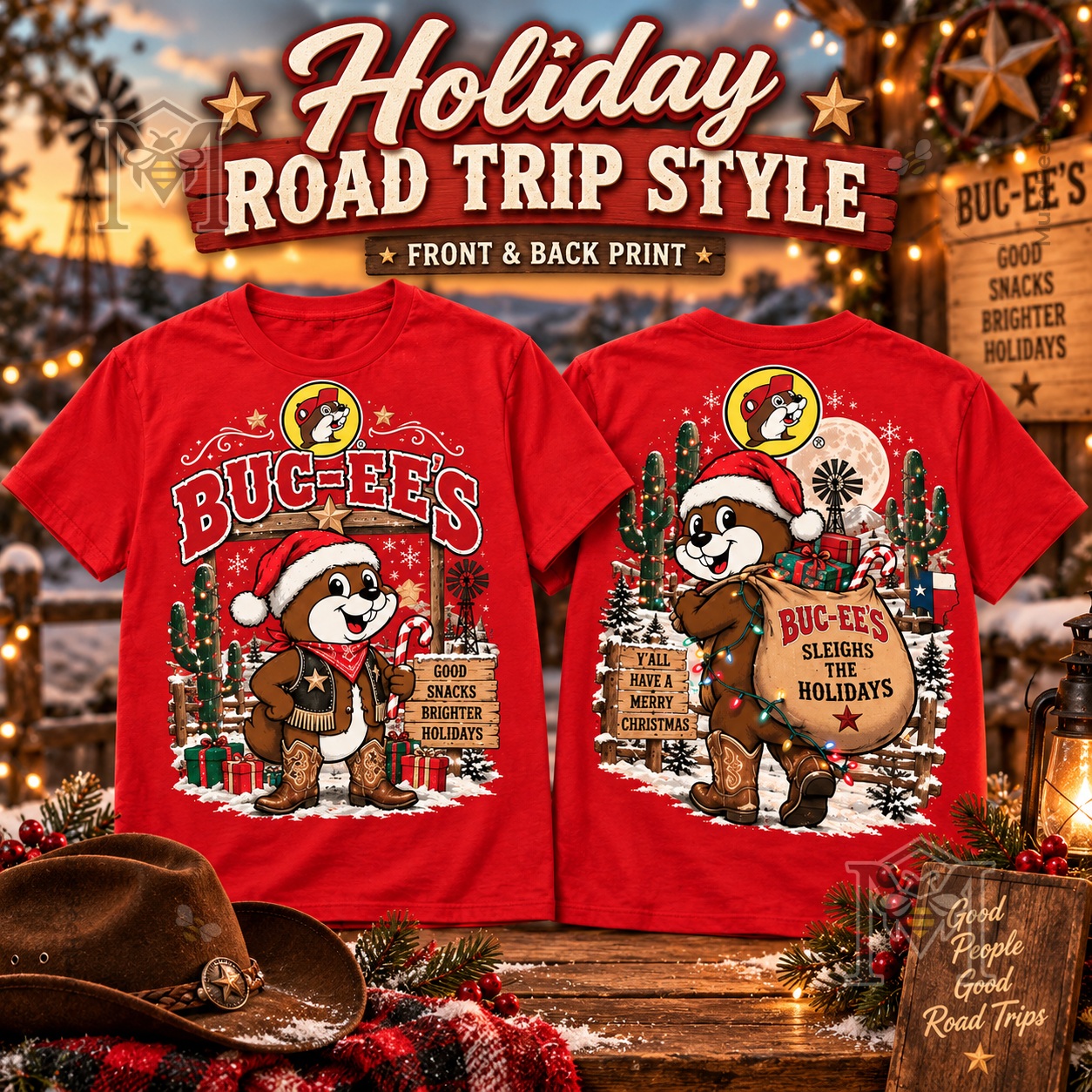 Buc-ee's Cowboy Christmas Holiday T-shirt - front and back views with festive beaver artwork