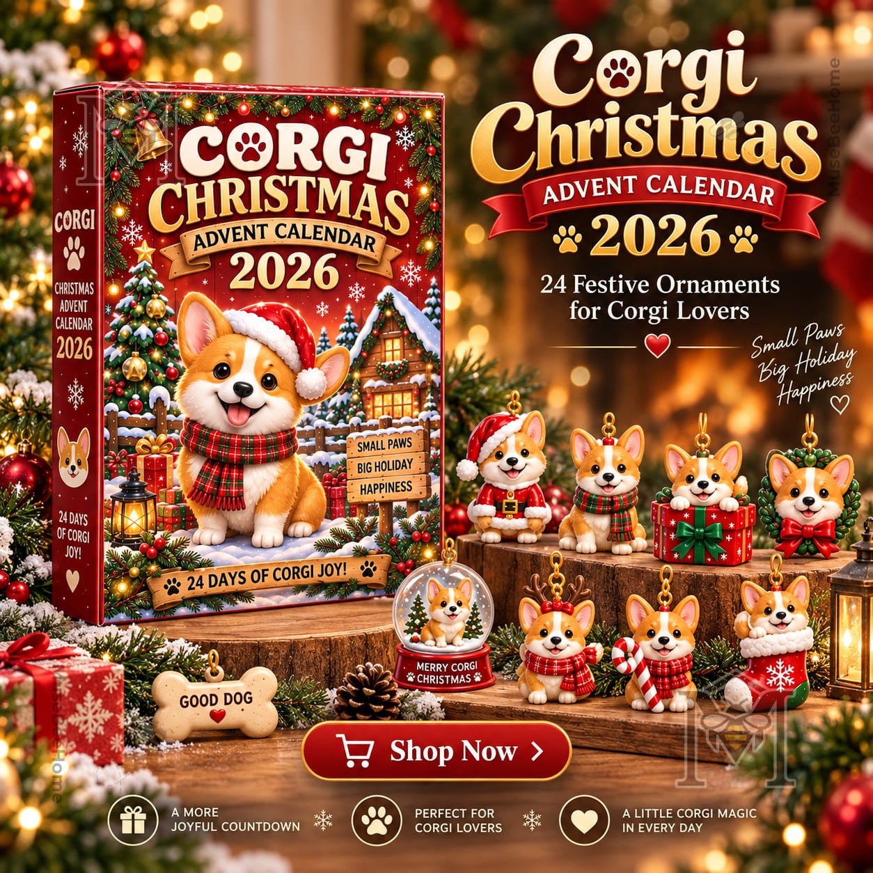 Corgi Christmas 2026 Advent Calendar - front box and corgi ornament display