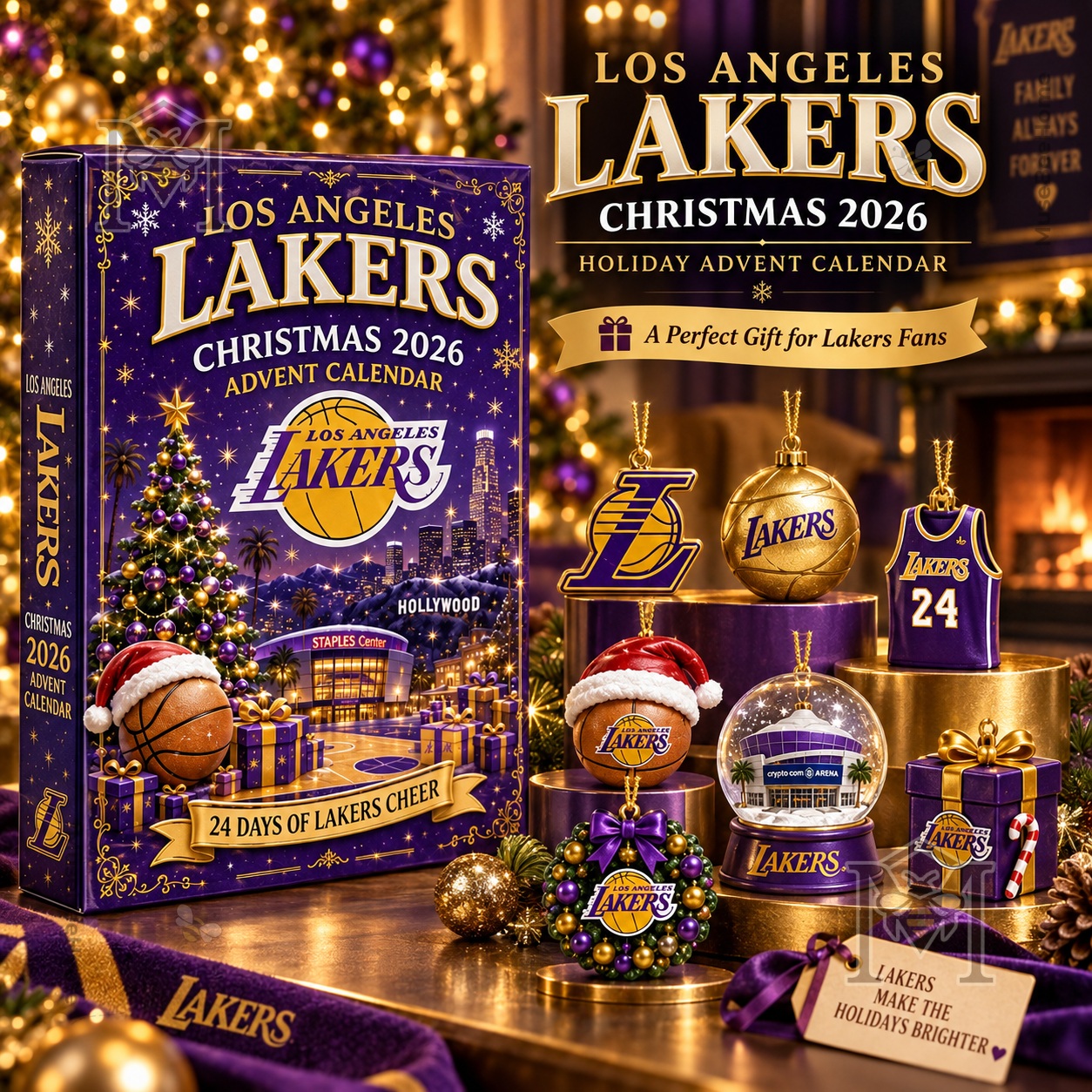Los Angeles Lakers Christmas 2026 Advent Calendar - front box and themed ornaments display
