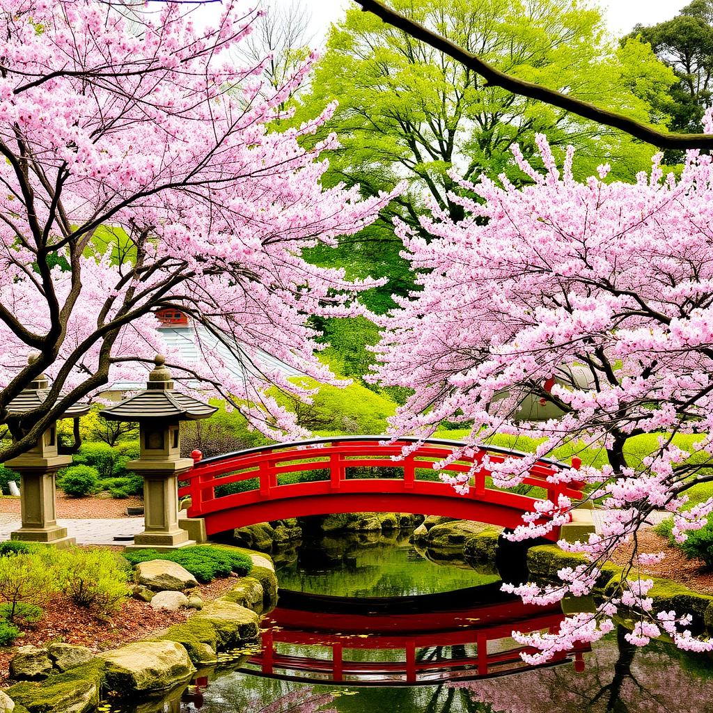 Japanese Garden in Brooklyn Botanic Garden with cherry blossoms