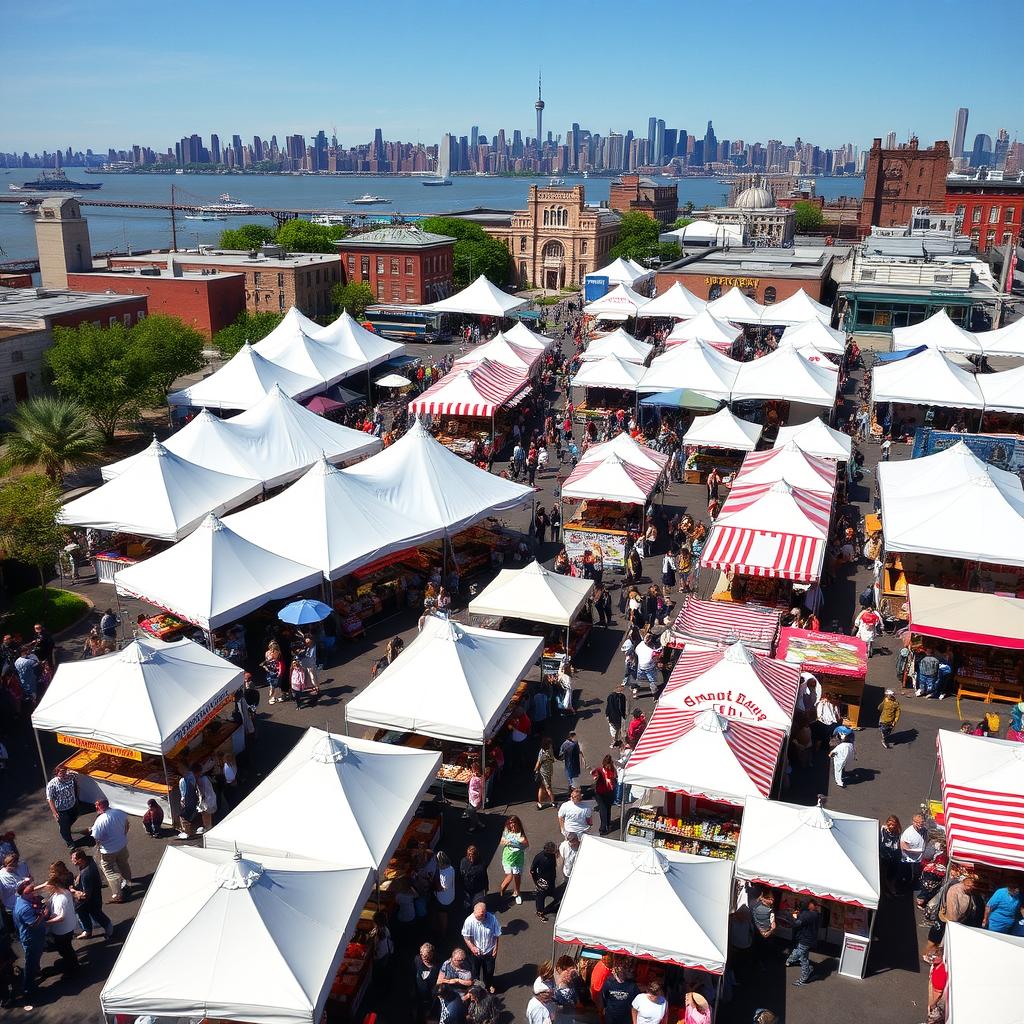 Smorgasburg food market in Brooklyn with diverse food vendors and Manhattan skyline
