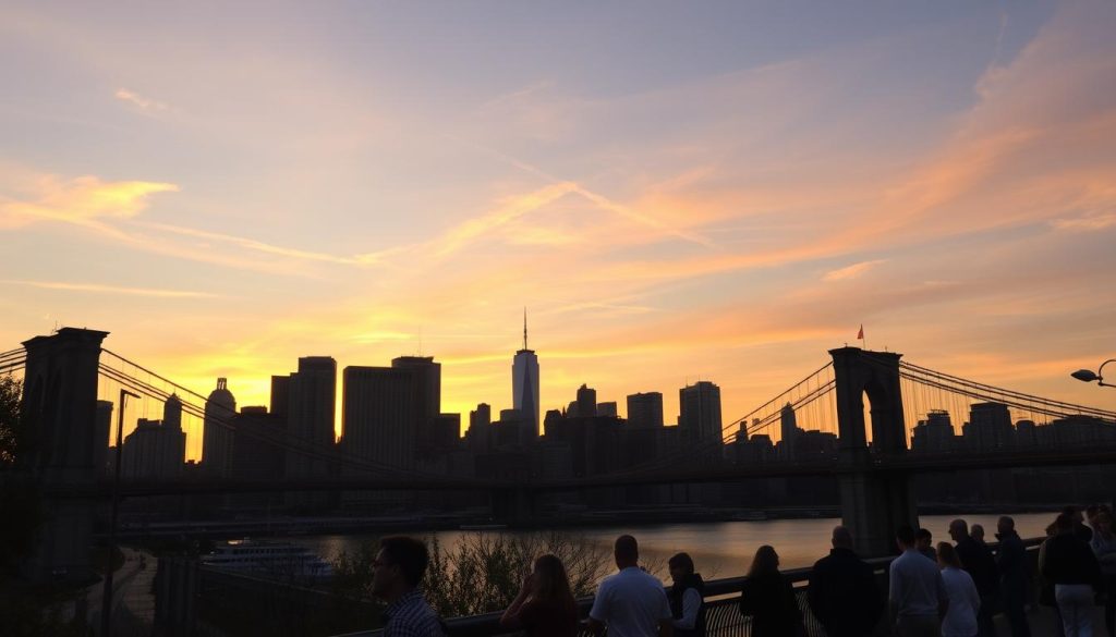 Sunset view from Brooklyn Heights Promenade overlooking Manhattan skyline