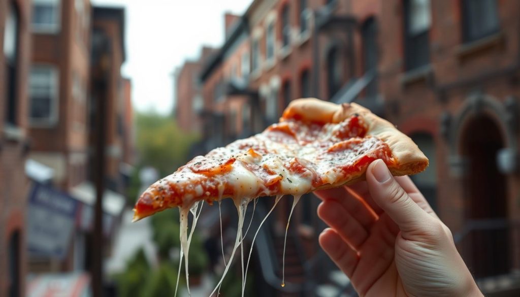 Famous Brooklyn pizza slice being held up with New York skyline in background