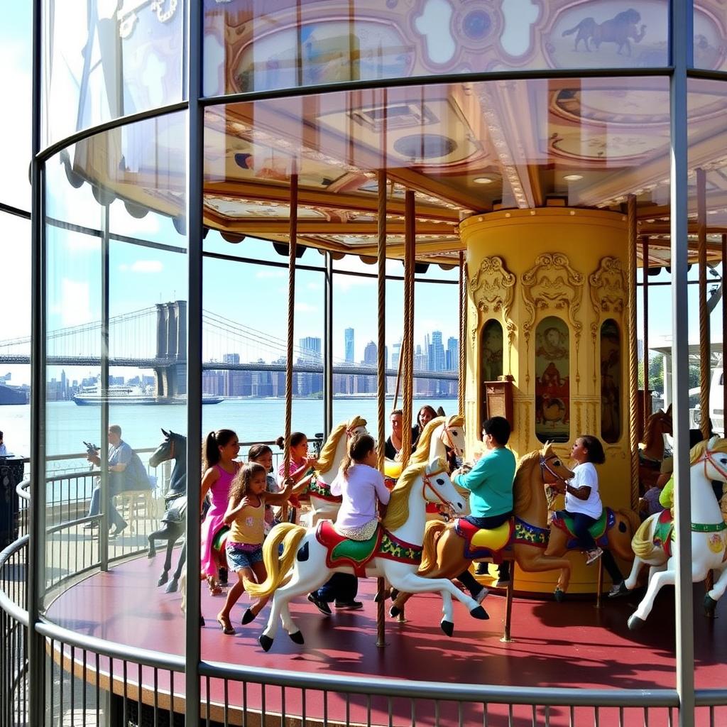Vintage carousel in Brooklyn Bridge Park with Manhattan skyline