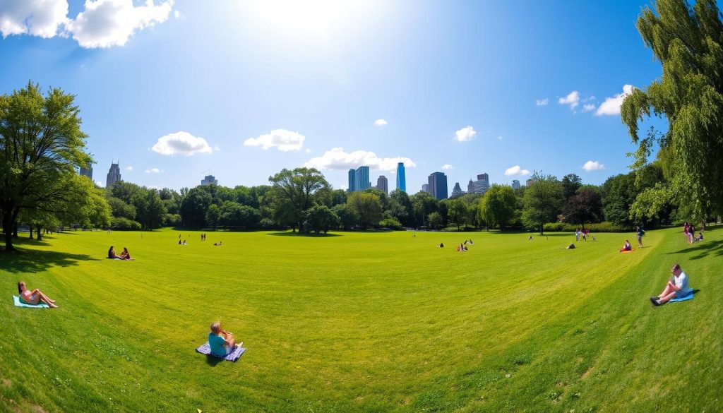 Prospect Park in Brooklyn with lush trees, lake and people enjoying outdoor activities