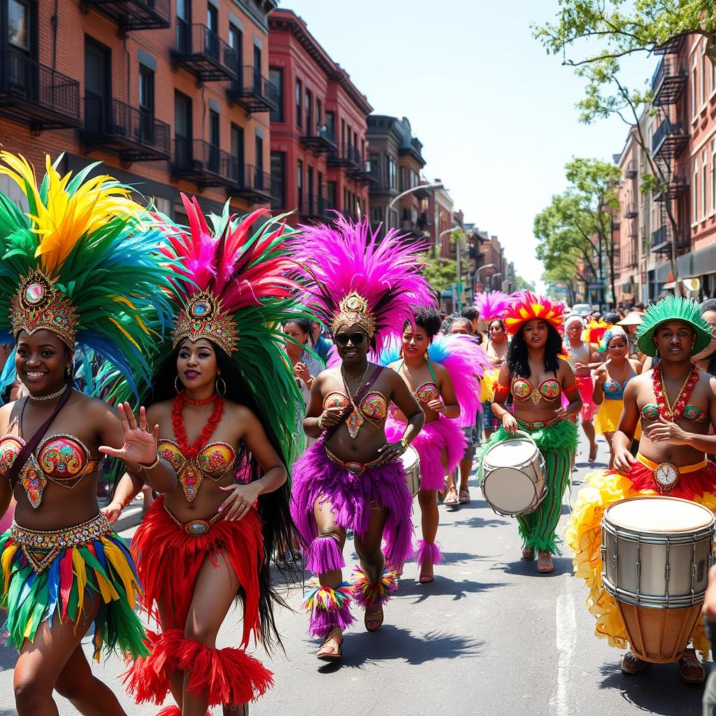 Caribbean Parade in Crown Heights, Brooklyn with colorful costumes