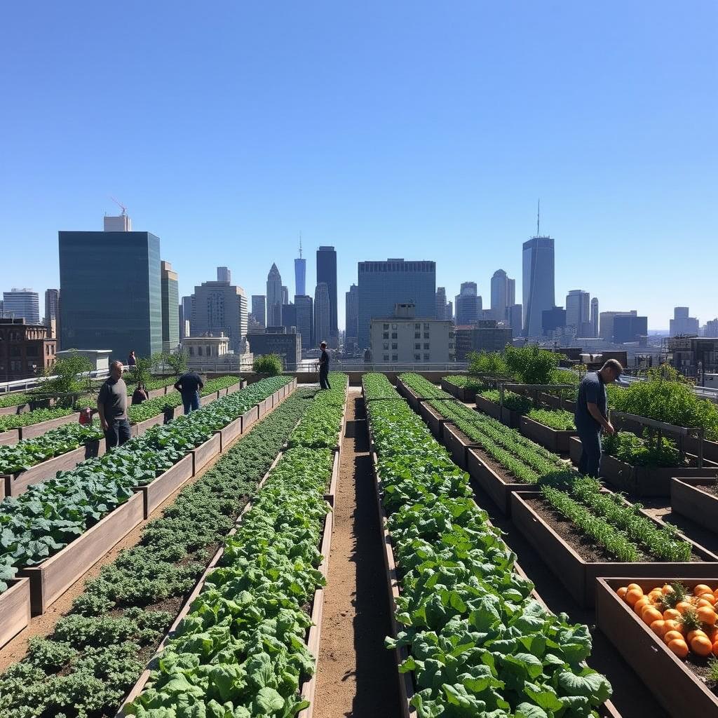 Urban farm on Brooklyn rooftop with Manhattan skyline in background