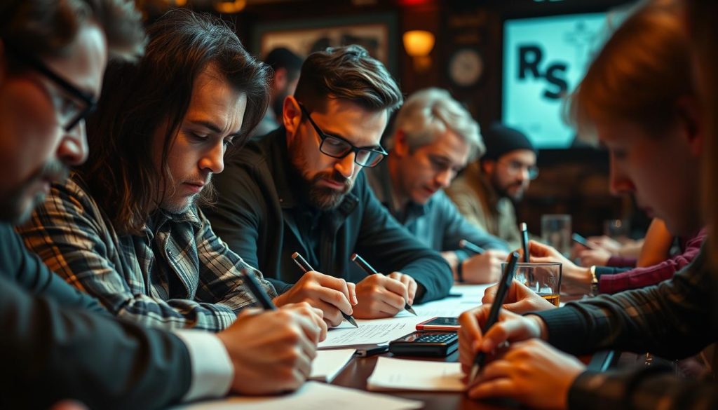 Quiz contestants writing down answers to a tie breaker question with thoughtful expressions