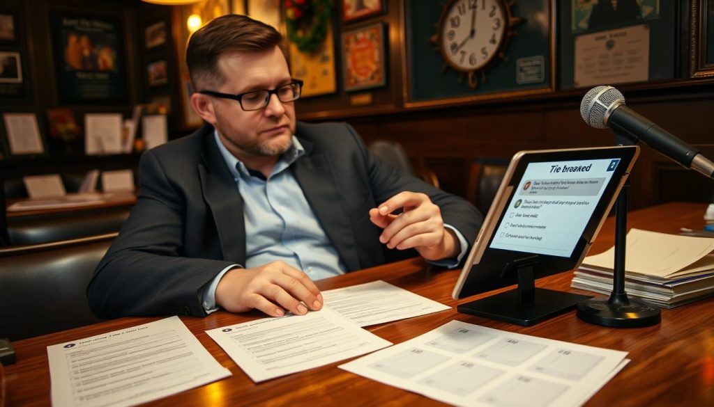 A quiz master reviewing tie breaker questions on a tablet with quiz materials nearby