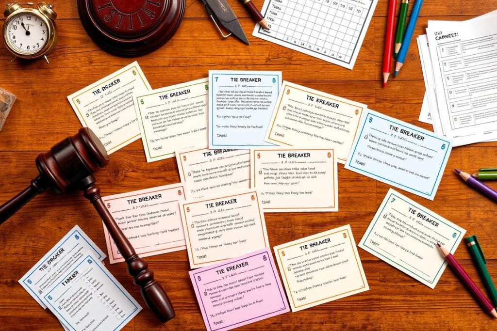 A collection of tie breaker question cards arranged on a wooden table